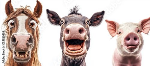 Des animaux de la ferme drôle et amusants, un cheval, une vache et un cochon sur un fond blanc.