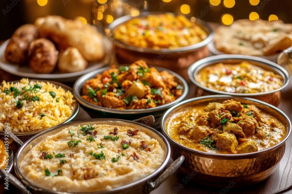 A spread of delicious Indian food, including rice, curries, and naan bread. A spread of delicious Indian food, including rice, curries, and naan bread.