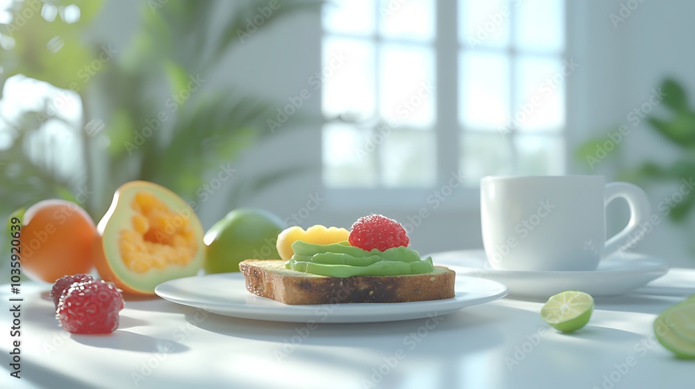 3D-rendered breakfast set with avocado toast coffee and fruit on a clean white surface 3D-rendered breakfast set with avocado toast coffee and fruit on a clean white surface