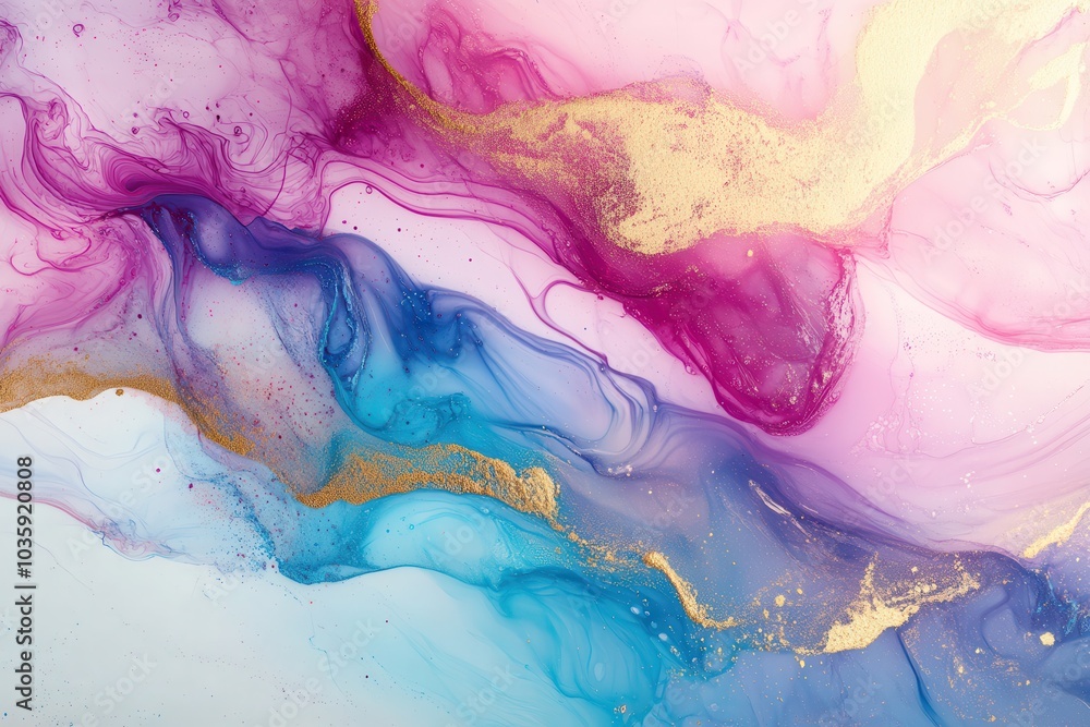 Fototapeta premium Flowing hues of clear tones, swirling metallic designs, and bubbly splashes of color create the backdrop of these vibrant, dynamic surfaces. Stylish abstract fluid art created with liquid ink methods