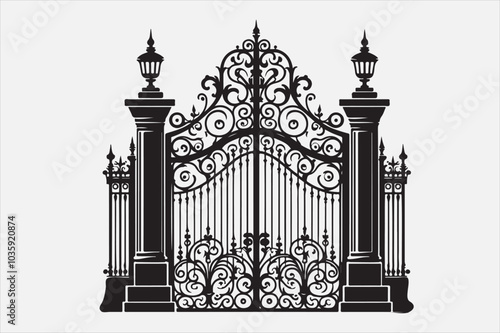 A black and white silhouette of an ornate wrought-iron gate.