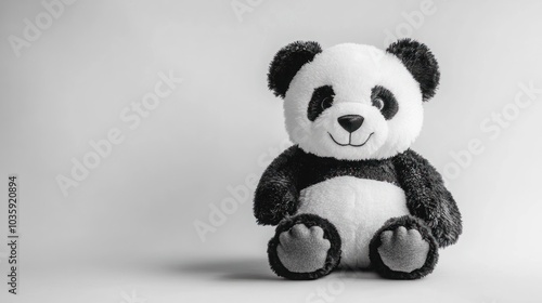 A black and white plush panda bear toy sits on a white background.