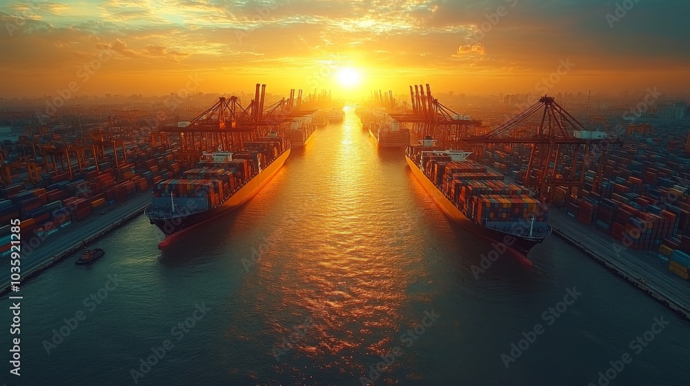 As the sun sets, its warm glow reflects off the water at a busy shipping harbor, highlighting container ships and towering cranes amidst neatly stacked cargo containers. As the sun sets, its warm glow reflects off the water at a busy shipping harbor, highlighting container ships and towering cranes amidst neatly stacked cargo containers.