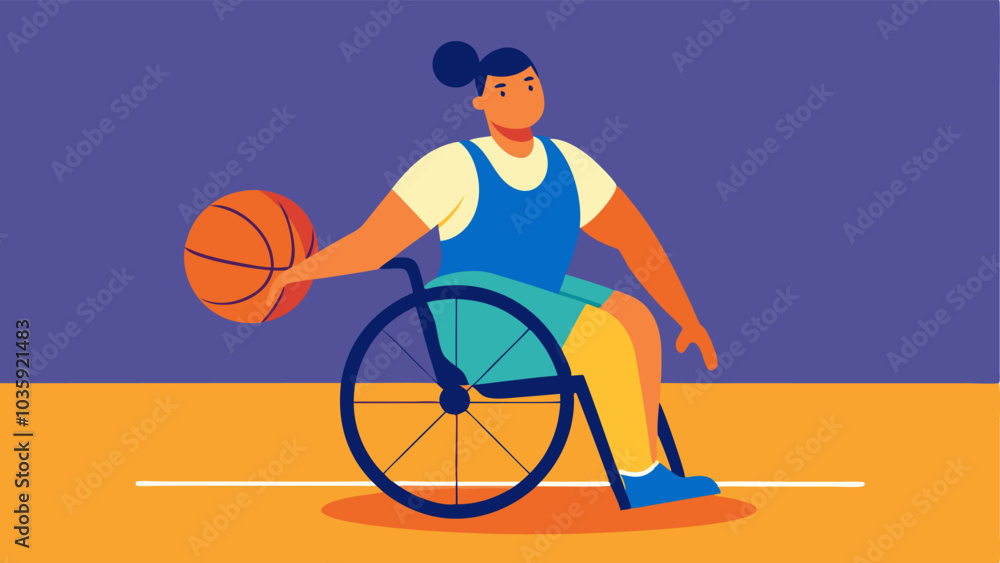 Fototapeta premium Wheelchair Basketball A determined athlete in a sleek wheelchair gripping a basketball with one hand while maneuvering skillfully around an opponent on the hardwood court.