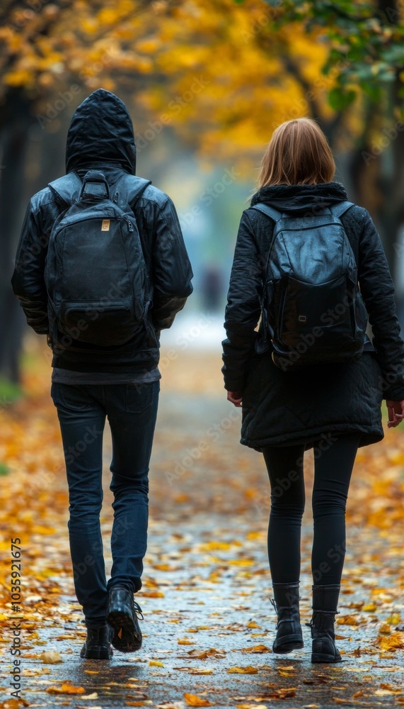 A young man and woman walk through a park in autumn. They are both wearing black jackets and backpacks and are enjoying the fall weather. A young man and woman walk through a park in autumn. They are both wearing black jackets and backpacks and are enjoying the fall weather.