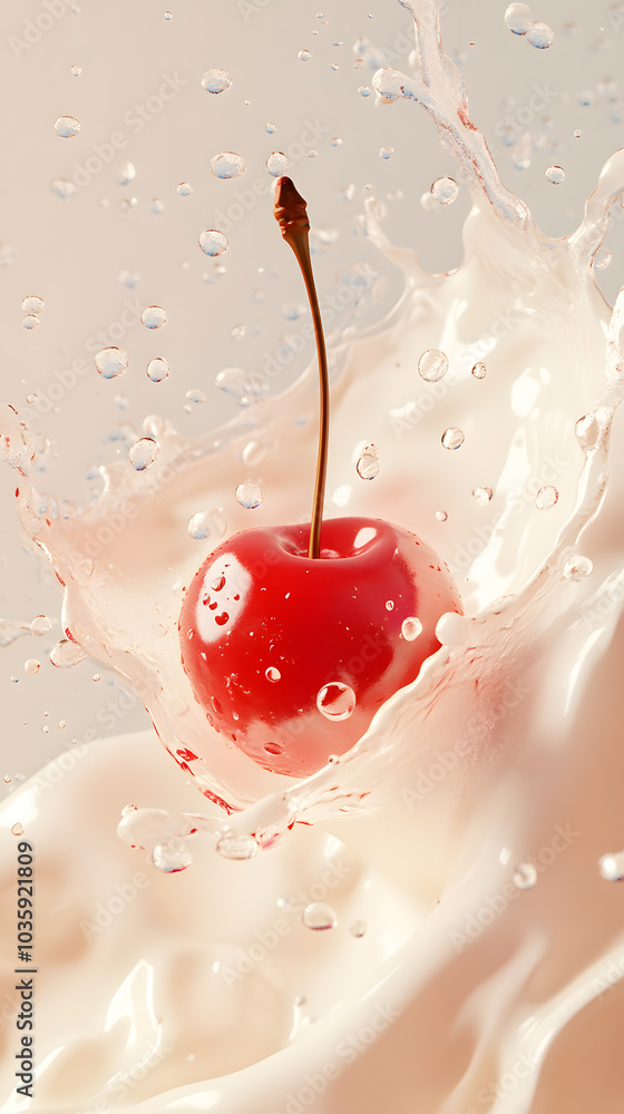 Cherry with milk, yoghurt, ice cream splashing with droplets commercial advertising photo Cherry with milk, yoghurt, ice cream splashing with droplets commercial advertising photo