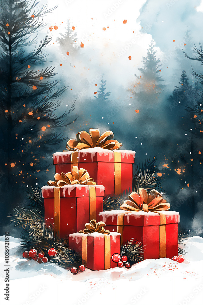 Vertical Watercolour Illustration of Stack of red Christmas Presents with golden bows in snowy forest with evergreen trees and festive berries. New Year greeting card Vertical Watercolour Illustration of Stack of red Christmas Presents with golden bows in snowy forest with evergreen trees and festive berries. New Year greeting card