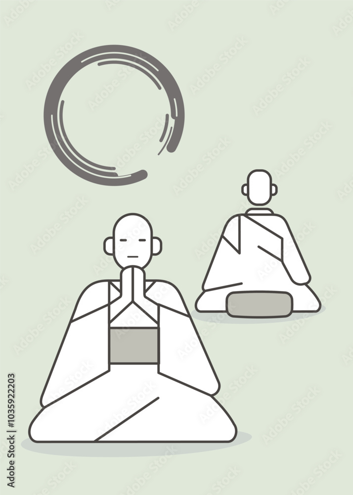 Two Buddhist Monks Meditating. One is facing the front and the other is facing the back. Behind them a enso circle. Vector illustration is a basic line style. Two Buddhist Monks Meditating. One is facing the front and the other is facing the back. Behind them a enso circle. Vector illustration is a basic line style.