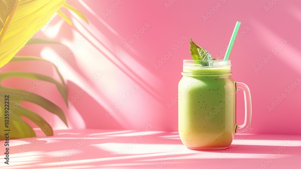 A vibrant green smoothie in a mason jar, placed on a pastel pink surface with a straw. A vibrant green smoothie in a mason jar, placed on a pastel pink surface with a straw.