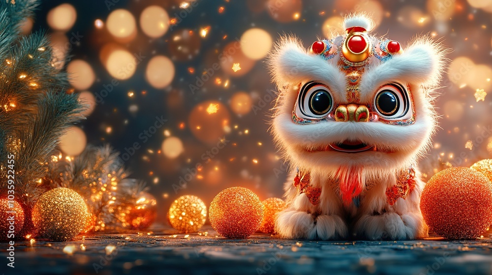 A festive lion dance puppet with sparkling ornaments. A festive lion dance puppet with sparkling ornaments.