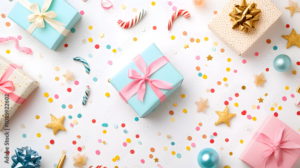 Fototapeta premium Over head flat lay view creative birthday party Mock up template with gift, streamer, star confetti, glitter on white background