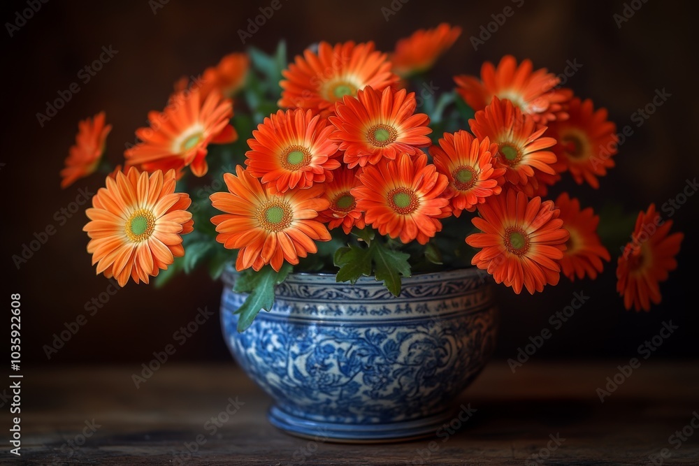 A vibrant bouquet of orange daisies arranged in a blue and white patterned vase. A vibrant bouquet of orange daisies arranged in a blue and white patterned vase.