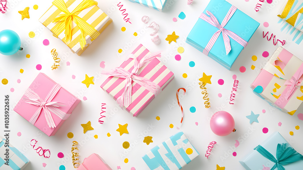 Over head flat lay view creative birthday party Mock up template with gift, streamer, star confetti, glitter on white background Over head flat lay view creative birthday party Mock up template with gift, streamer, star confetti, glitter on white background