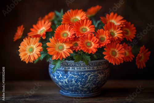 Wallpaper Mural A vibrant bouquet of orange daisies arranged in a blue and white patterned vase. Torontodigital.ca