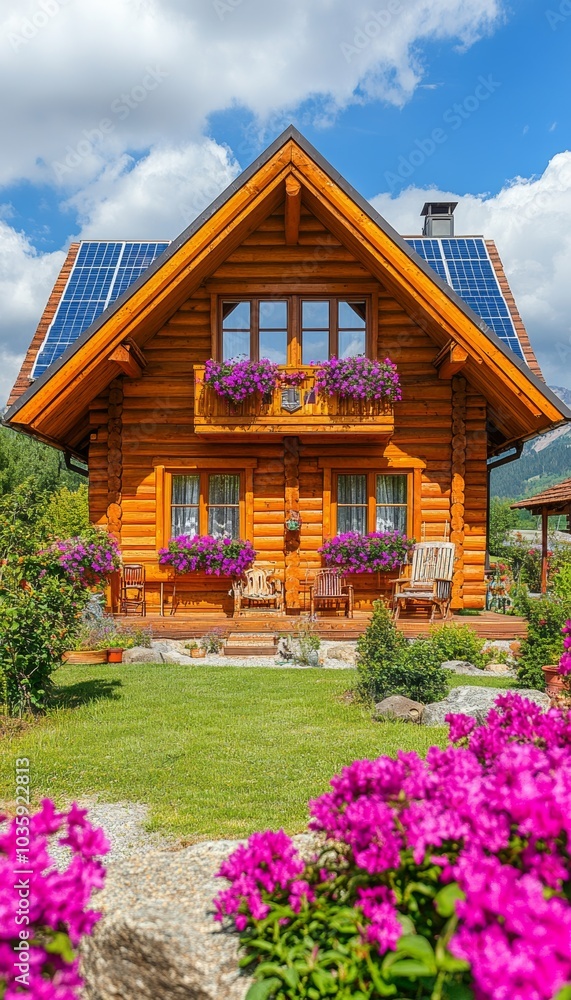 A charming wooden cabin with a balcony and solar panels on the roof, surrounded by lush greenery and vibrant flowers. A charming wooden cabin with a balcony and solar panels on the roof, surrounded by lush greenery and vibrant flowers.