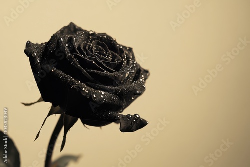 A lone ebony flower embellished with water droplets sits upon its leaves, casting a soft silhouette on a pale tan canvas