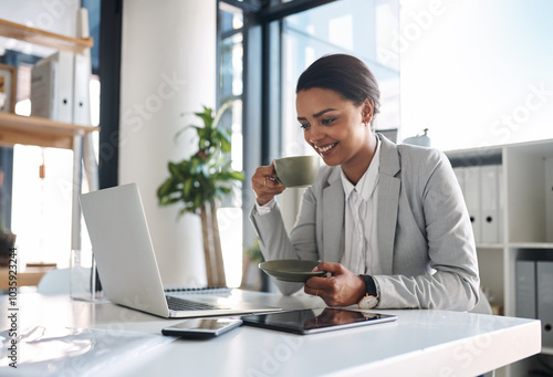 Fotografia Office, businesswoman or tea with laptop for reading, research or update for case email