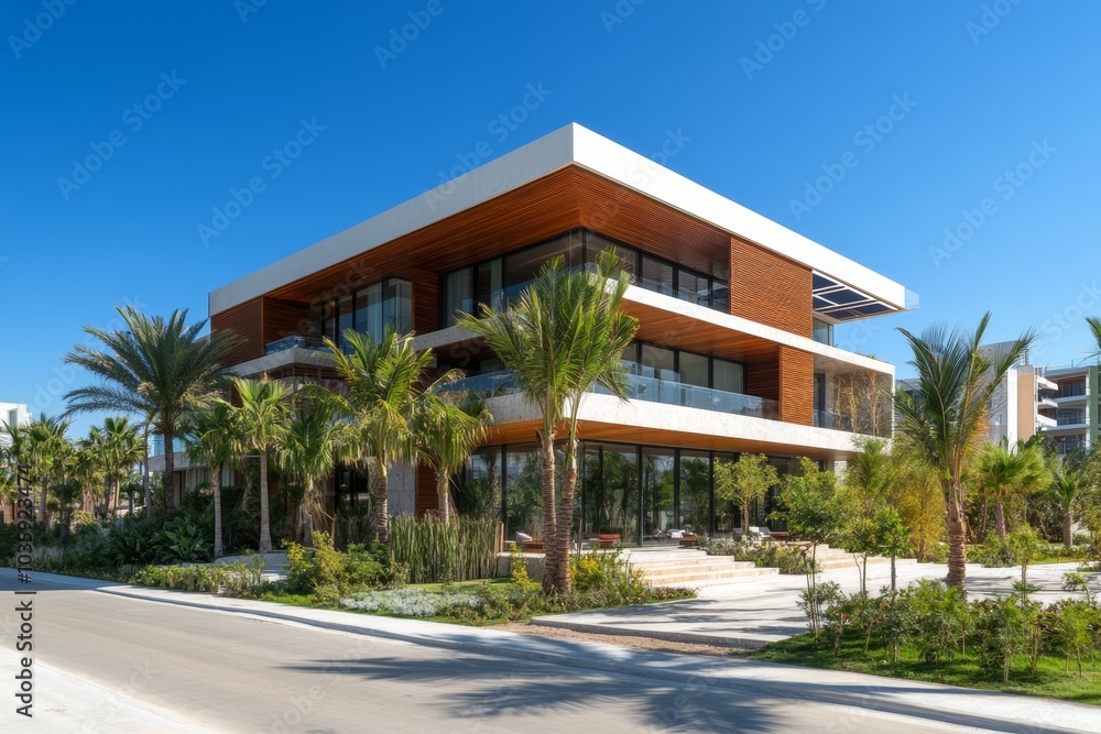 Modern architecture in a tropical setting with palm trees and lush greenery.