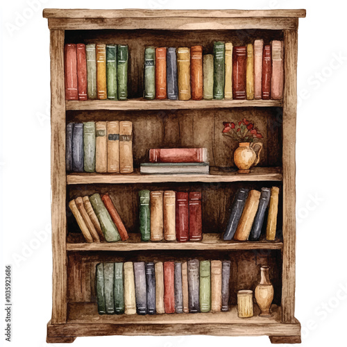 Bookcase watercolor clipart illustration