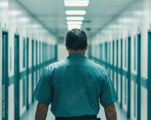 A correctional officer in a hallway of a detention center, focused on maintaining order photo