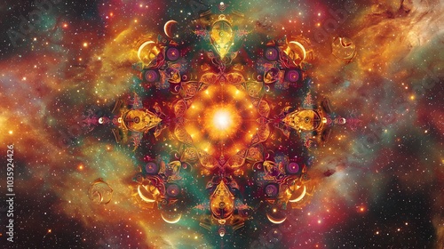 Fototapeta Naklejka Na Ścianę i Meble -  Vibrant cosmic mandala in a colorful galactic space scene