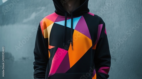 Abstract geometric designs printed on a black hoodie, showcasing bold colors and sharp lines against soft fabric. photo