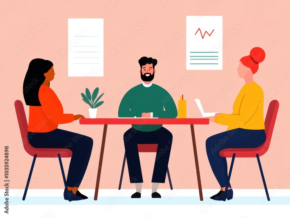Diverse team meeting around a table with a man and two women discussing ideas, with a plant and laptop present Diverse team meeting around a table with a man and two women discussing ideas, with a plant and laptop present