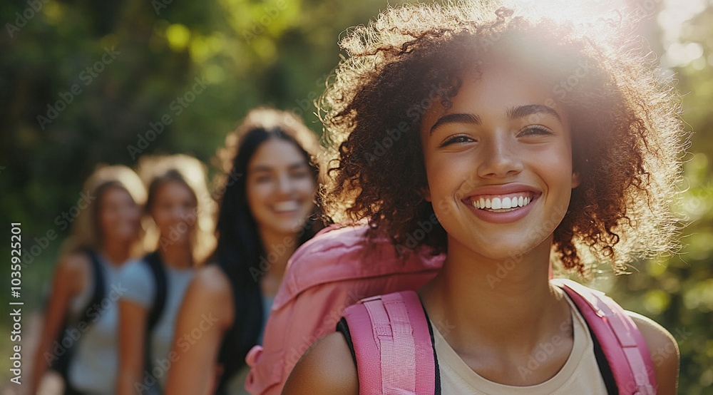 A group of multiethnic young women smile while hiking outdoors in nature on an early morning, with sunlight shining through the trees.
A group of multiethnic young women smile while hiking outdoors in nature on an early morning, with sunlight shining through the trees.