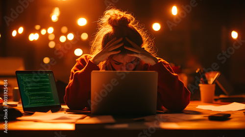 Frustrated person working late at night on a laptop, overwhelmed by stress.