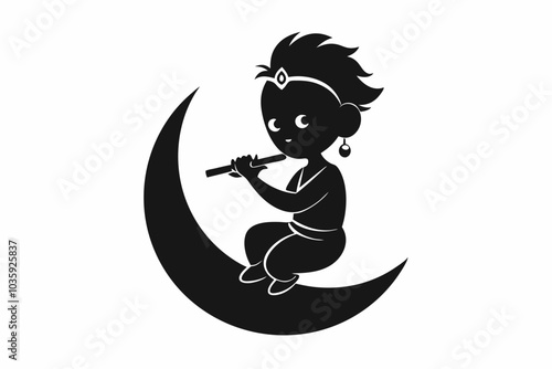 Beautiful krishna sitting on the moon silhouette black filled vector Illustration icon