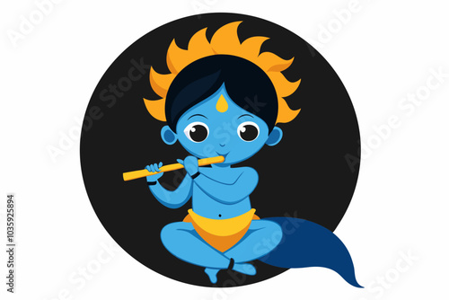 Beautiful krishna sitting on the moon silhouette black filled vector Illustration icon