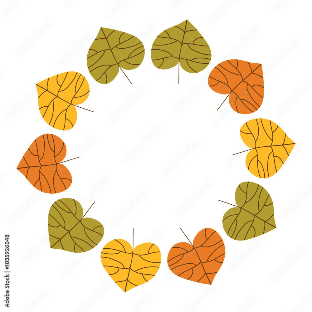 Obraz premium Fall season plant part hand drawn illustration. Minimalist frame and border for text, poster, prints, cards. Autumn round botanical wreath with leaves.