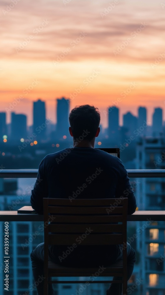 Remote worker on a balcony with a laptop, enjoying a sunrise over a cityscape Remote worker on a balcony with a laptop, enjoying a sunrise over a cityscape