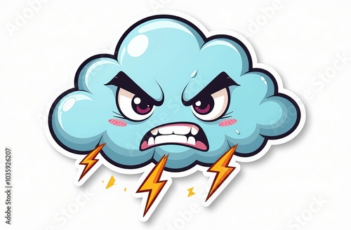 Storm cloud character with cartoon angry face. Groovy sticker with Thunder and lightning symbol. Weather icon. Emoji expression. Retro Vector illustration on white background