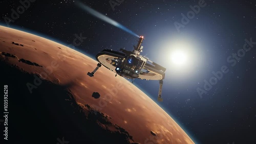 Wallpaper Mural A spacecraft zooms toward Mars, with dust swirling in the planet’s thin atmosphere, under a spotlight effect. Torontodigital.ca