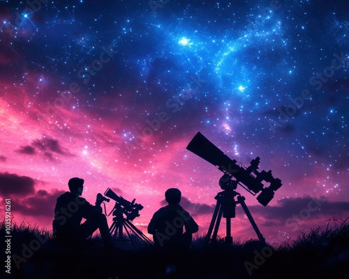 Silhouetted astronomers using telescopes under a colorful cosmic sky, immersed in celestial exploration