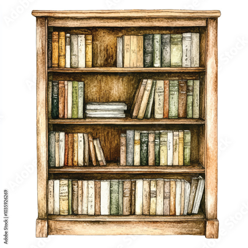 Bookcase watercolor clipart illustration