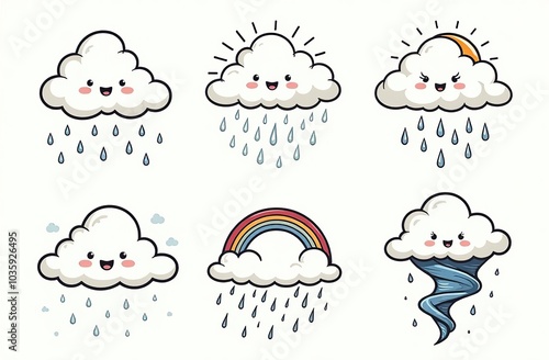 Cloud rain weather cartoon cute set. Cloud, sun, moon weather character with smile and angry face. Hand drawn doodle sketch style. Rainbow, wind, tornado doodle characte