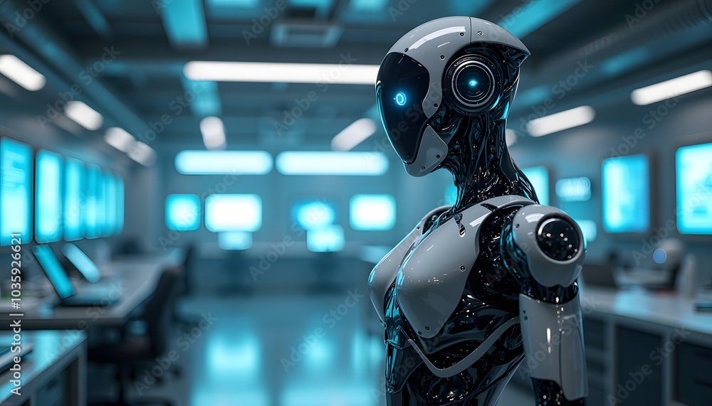 Futuristic Robot Head with Glowing Blue Eyes in Dramatic Lighting Futuristic Robot Head with Glowing Blue Eyes in Dramatic Lighting