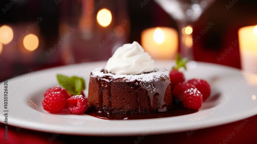 A decadent chocolate lava cake oozing with molten ganache, served on a pristine white plate, Cake centered A decadent chocolate lava cake oozing with molten ganache, served on a pristine white plate, Cake centered