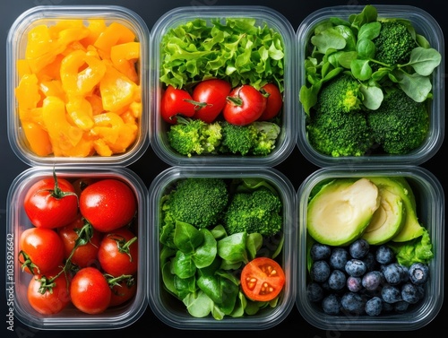 Vibrant meal prep boxes filled with assorted greens, tomatoes, and nutritious ingredients for balanced meals