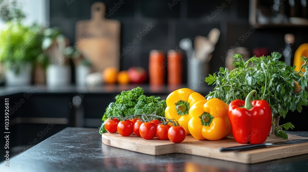 Fresh Vegetables on Cutting Board in Modern Kitchen Fresh Vegetables on Cutting Board in Modern Kitchen
