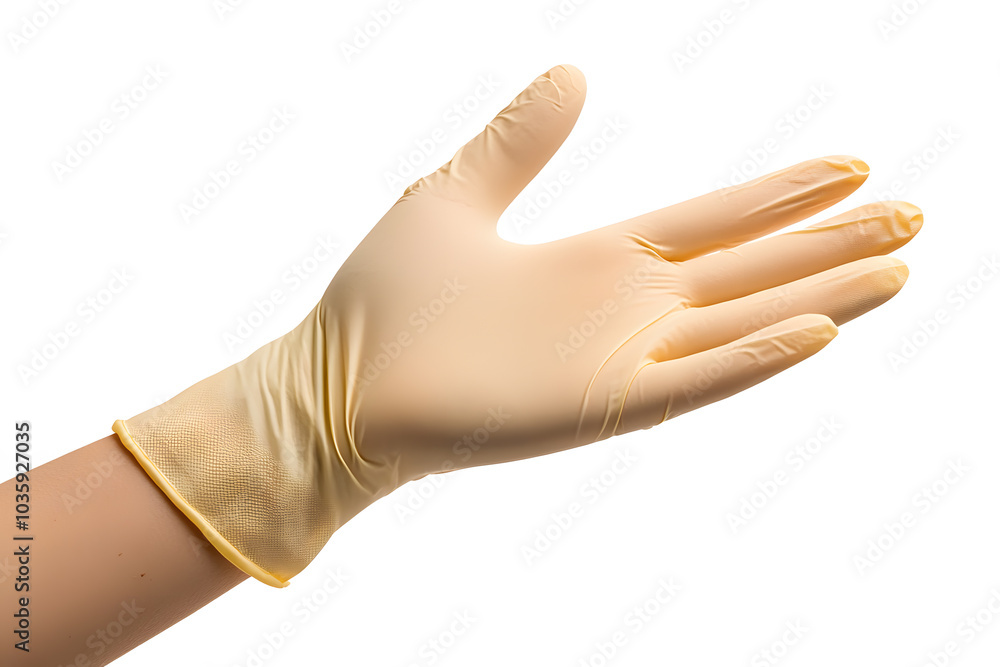 Hand with protective rubber latex glove isolated on white background Hand with protective rubber latex glove isolated on white background