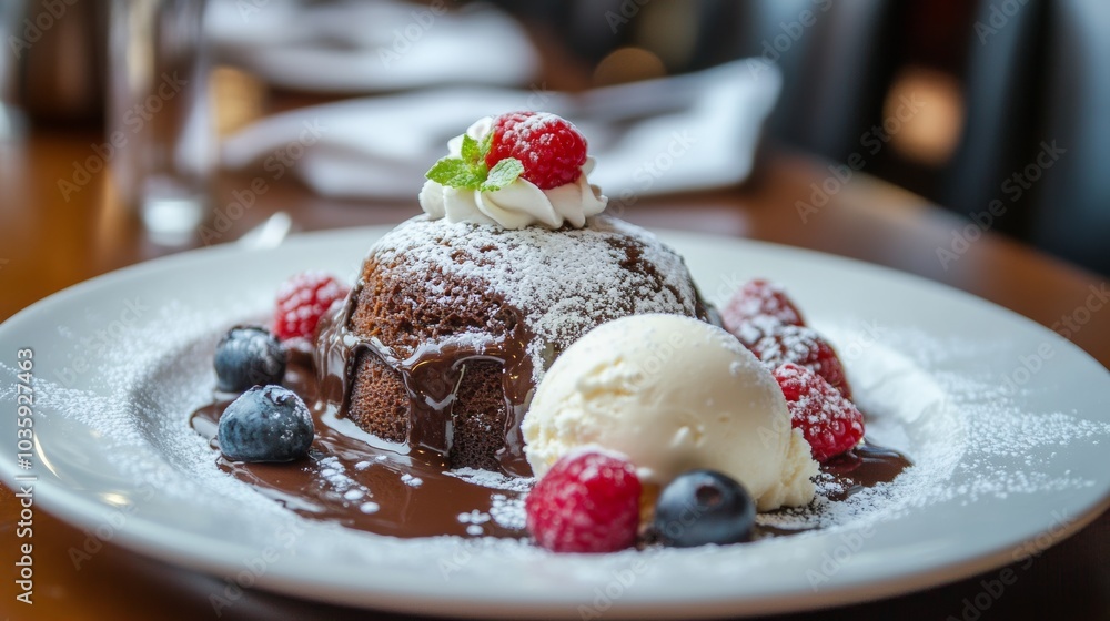 A decadent chocolate lava cake with a molten center, served with a scoop of vanilla ice cream and fresh raspberries, Lava cake centered A decadent chocolate lava cake with a molten center, served with a scoop of vanilla ice cream and fresh raspberries, Lava cake centered