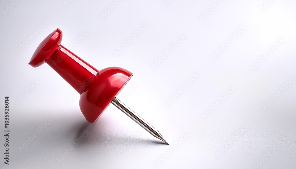 A single bright red push pin with a metallic needle on side position provides copy space for text. background concept isolated white A single bright red push pin with a metallic needle on side position provides copy space for text. background concept isolated white
