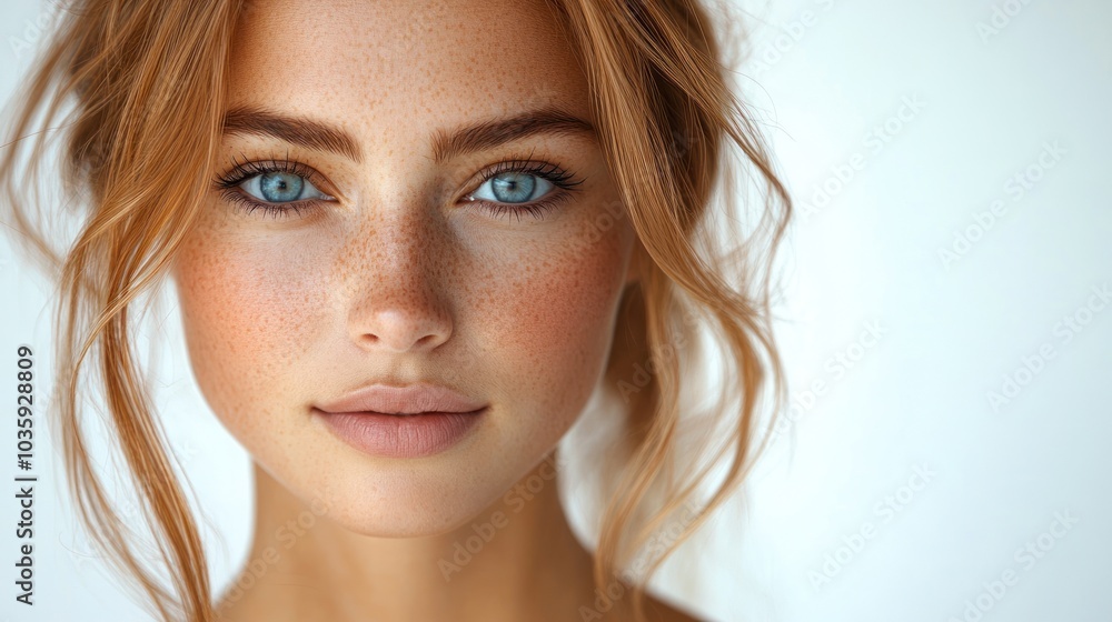 A young woman with sparkling blue eyes and freckles gazes confidently A young woman with sparkling blue eyes and freckles gazes confidently