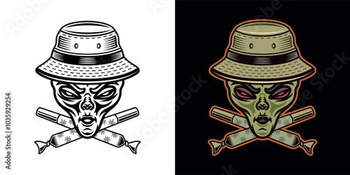 Stoned alien head in bucket hat and two crossed marijuana spliffs vector illustration in two styles black on white and colored