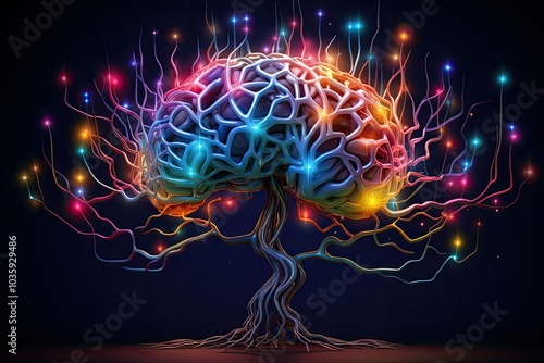 The artwork depicts a brain transformed into a tree with colorful branches and glowing lights representing thought and creativity in a striking design