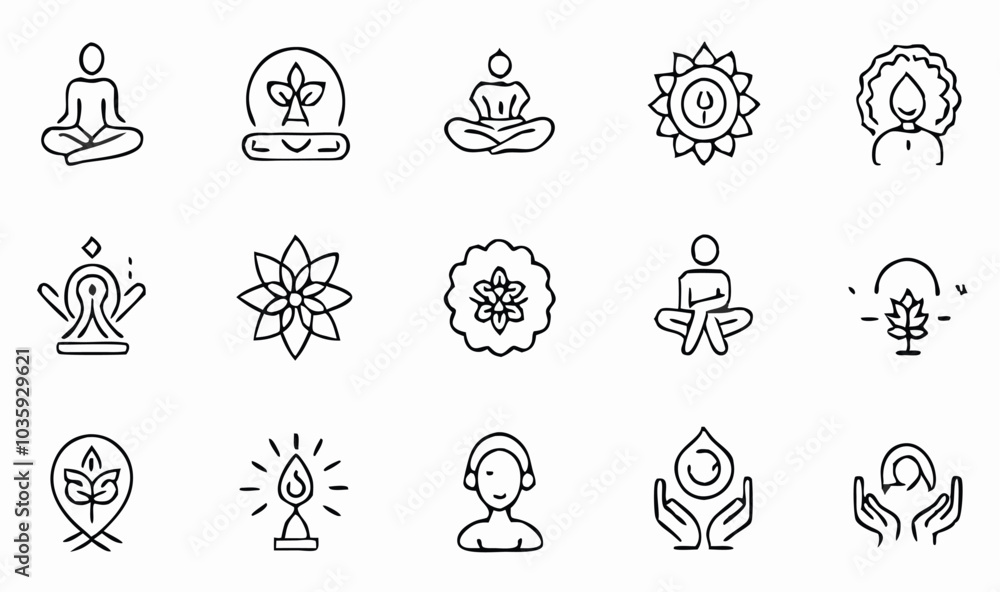 Yoga and meditation icons in line art, black outlines on white, minimalist vector style Yoga and meditation icons in line art, black outlines on white, minimalist vector style