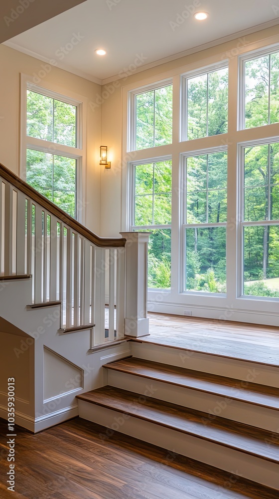 Obraz premium Modern Staircase with Large Windows and Wooden Floor